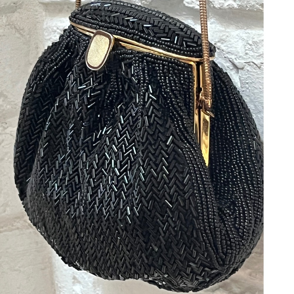 Bonwit Teller Vintage Black Beaded Evening Bag Long gold Strap Crossbody‎ Black